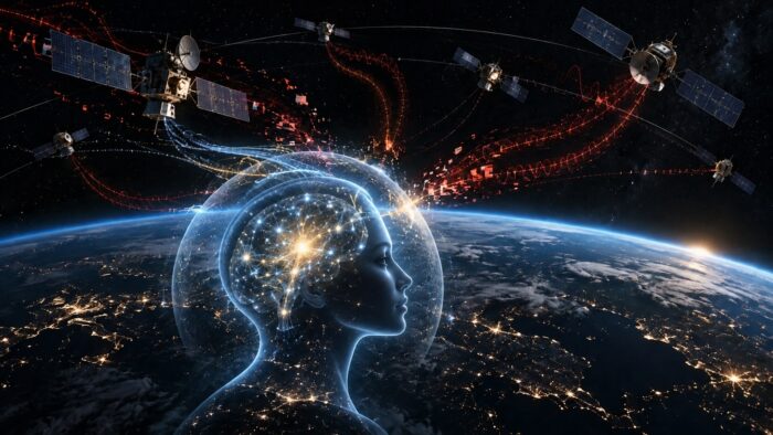 Silhouette humaine reliée à des satellites en orbite, symbolisant la vulnérabilité de l'esprit face à la guerre cognitive. Illustration générée par Tatiana F. Salomon avec Mnésis